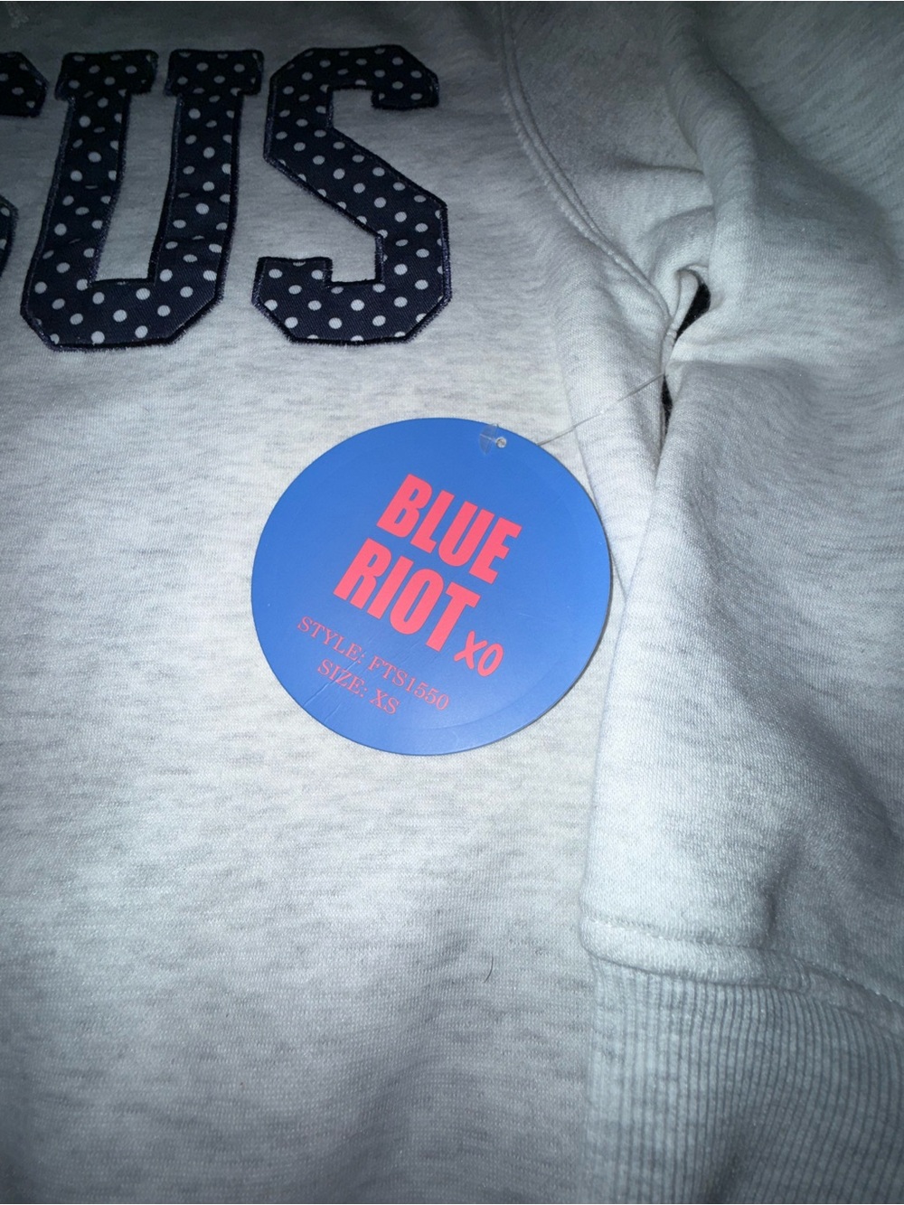 NEW BLUE RIOT XO VIRAL TIKTOK Gray MOCK NECK SWEATSHIRT Navy Polka Dot JESUS XS - Picture 6 of 10